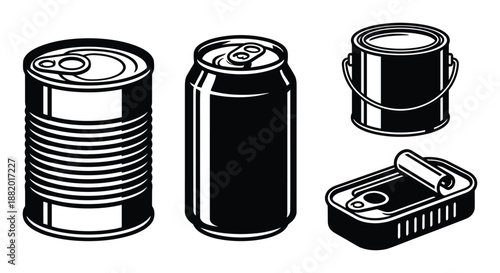 A collection of four canned goods illustrations, including food, soda, paint, and sardine cans.