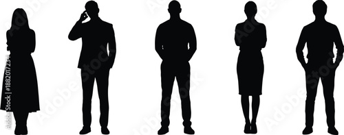 Silhouettes of five diverse individuals standing in a row, showcasing varied postures and attire, representing anonymity, diversity, casual and formal human presence