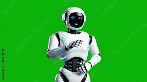 Friendly robot with glowing blue accents gestures with hands on a green screen background.