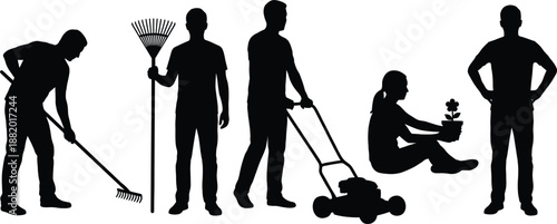 Silhouettes of people doing yard work and gardening tasks, including raking, mowing, planting, and supervising, symbolizing teamwork, outdoor labor, and seasonal maintenance