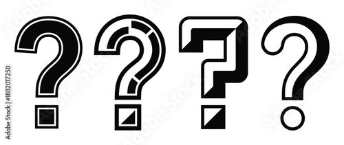 A collection of four question mark symbols with different styles and unique designs in black color.
