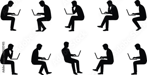 Silhouettes of ten people working on laptops in various seated postures, representing digital engagement, remote work, productivity, ergonomic behavior, and modern workspace culture
