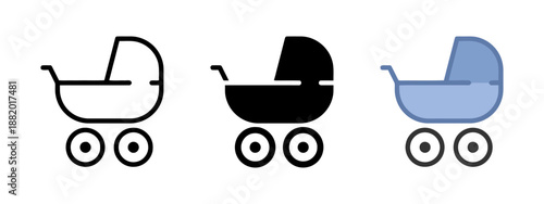 Baby carriage stroller icon set isolated on white background with linear solid and colored versions for newborn design childhood symbols transportation elements parenting graphics toddler equipment