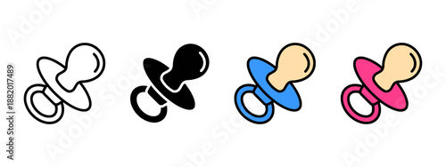 Baby pacifier nipple dummy icon collection with outline silhouette blue and pink versions for newborn nursery design elements childhood symbols dummy graphics toddler care accessories set vectors