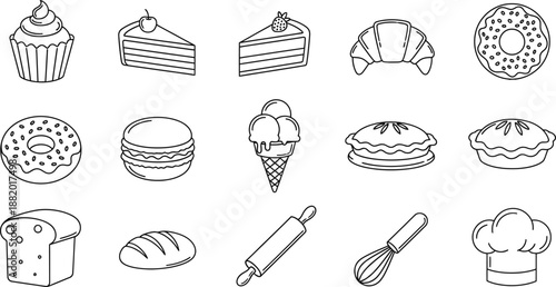 A collection of baking and pastry icons including cakes, donuts, and kitchen tools on a white background