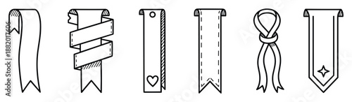 A set of six hand-drawn vector doodle ribbon banners ideal for decorative design elements.