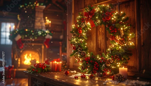 Wallpaper Mural A warmly lit holiday scene featuring a decorated evergreen wreath, candles, and a fireplace in a cozy cabin Torontodigital.ca