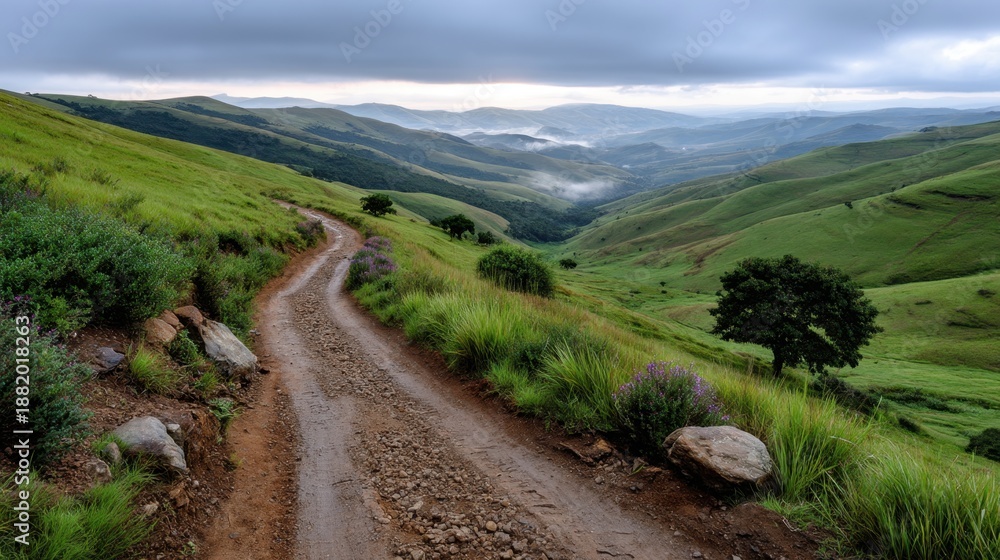 Fototapeta premium Serene mountain pathway through lush green hills under a cloudy sky