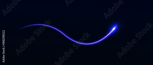 Glowing purple neon light trail wave on dark background.Bright ultraviolet energy line moving across dark space. Concept of data transfer and digital technology.