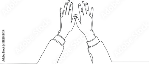 A minimalist line drawing of two hands touching fingertips against a clean white background
