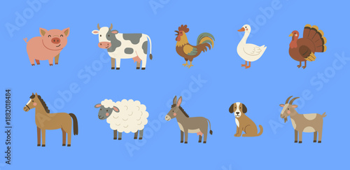 Cute farm animal sticker set with pig, cow, rooster, duck, turkey, horse, sheep, donkey, dog and goat isolated on blue background for children