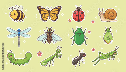 Colorful garden insect and bug sticker collection featuring bee, butterfly, ladybug, snail, dragonfly, beetle, caterpillar, ant and grasshopper