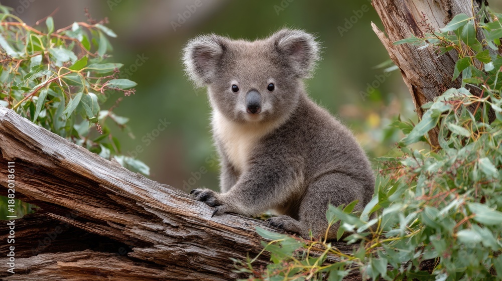 Obraz premium Koala bear sits on eucalyptus tree branch while looking at the camera in Australia during daytime
