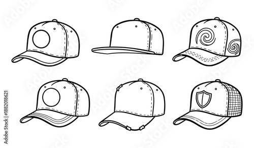 Baseball caps set, line art style. Sportswear hats vector illustration collection design elements.