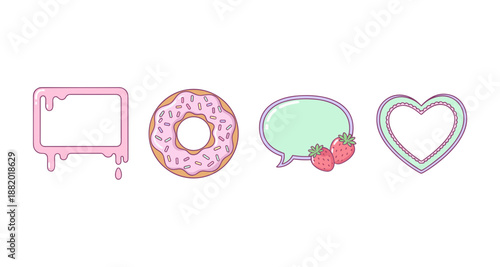Sweet Dessert Theme Frames with Frosted Donut Glazed Frame Heart Shape and Speech Bubble with Fresh Strawberries for Design