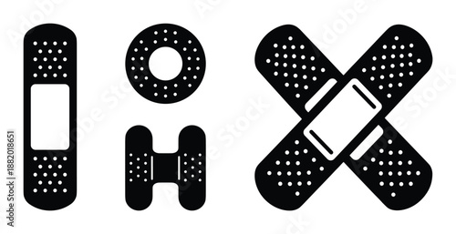 Black and white band-aids. First aid medical bandages and patches vector set, wound care.