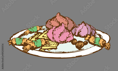 Plate with marshmallows and candies. Multi-colored sketch. Vector illustration