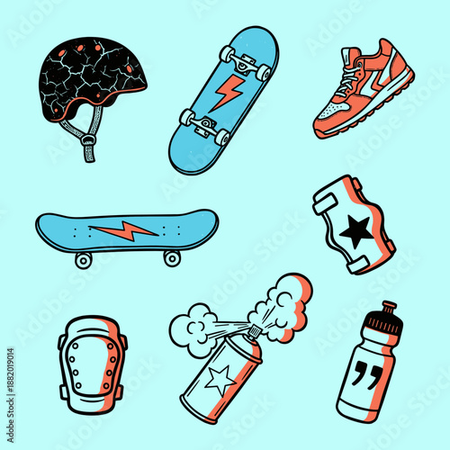 Urban skateboard and extreme sports gear icons set including helmet, sneakers, spray paint, and protection pads for street culture and youth hobby.