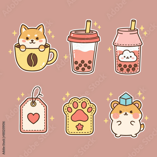 Cute sticker set with dog in coffee cup, boba milk tea, hamster, and paw print icons for planners, scrapbook, and trendy Japanese kawaii stationery.
