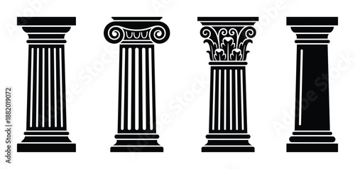 Black and white illustration of different styles of classical Greek architectural columns