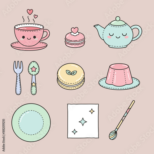Elegant afternoon tea set with cute smiling cup, teapot, macarons, sweets, cutlery, and napkin for teatime and cafe culture illustration.