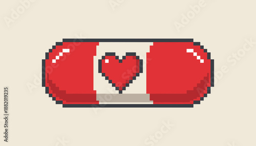 Pixel Art Style Medical Capsule Pill with Heart Icon Center Representing Healthcare Wellness Pharmacy and Love for Medicine Creative Illustration