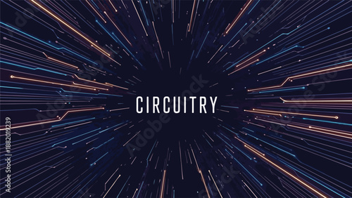 Abstract digital circuitry pattern with glowing lines radiating from the center, representing technology and data flow