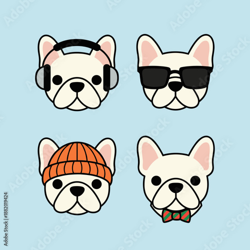 Four French Bulldog Heads with Different Fashion Accessories Including Headphones Sunglasses Beanie and Bow Tie Character Portraits