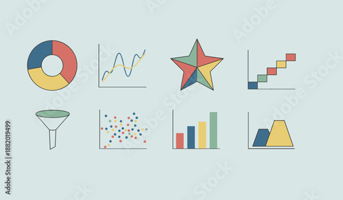 Professional data visualization business icons set featuring pie chart line graph star diagram funnel scatter plot bar chart and area chart designs