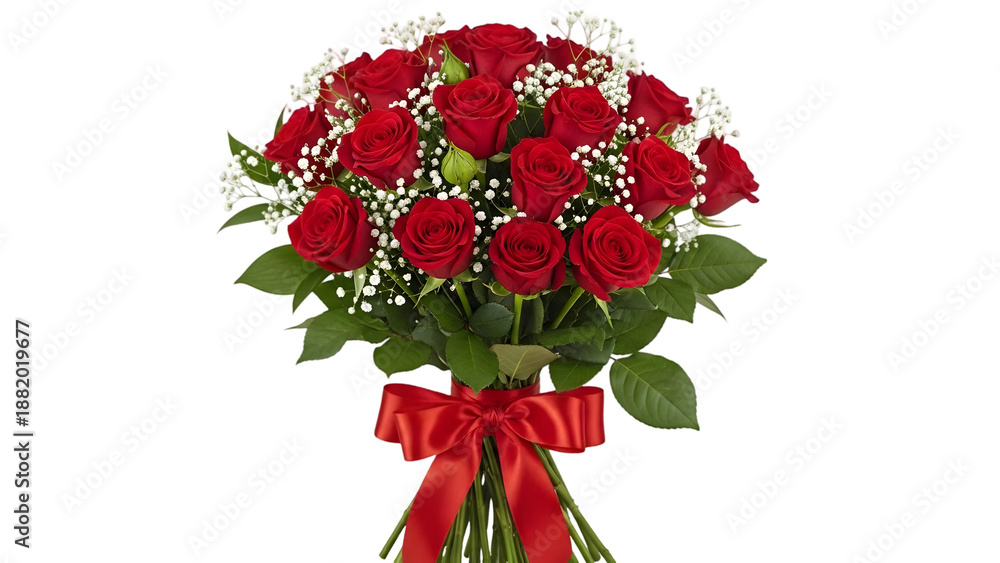 Fototapeta premium A bouquet of red roses with green leaves and a red ribbon