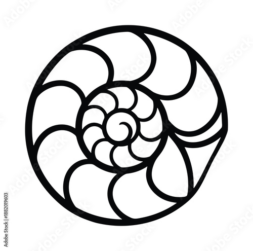 Black and white outline drawing of a nautilus shell with spiral shape, simple vector illustration.