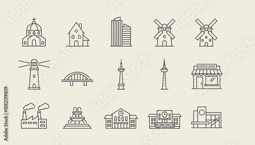 Set of architectural building icons including church house skyscraper windmill lighthouse bridge tower coffee shop factory fountain and school