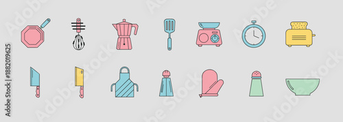 Kitchen utensils and cooking equipment icons set featuring frying pan whisk coffee maker spatula kitchen scale timer toaster knife apron salt shaker