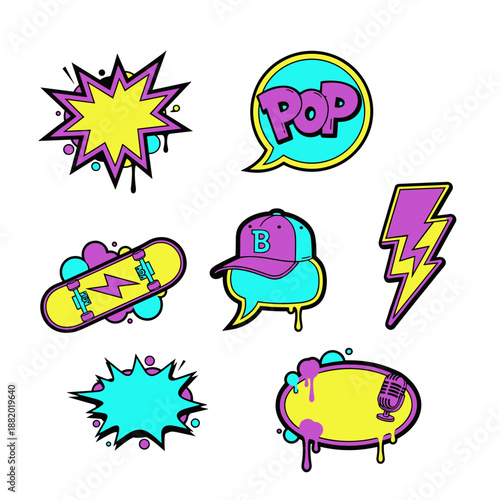 Street style pop art sticker collection with comic speech bubbles skateboard baseball cap lightning bolt and microphone in vibrant colors