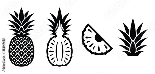 Black and white pineapple illustration set with sliced and whole fruits in vector design.