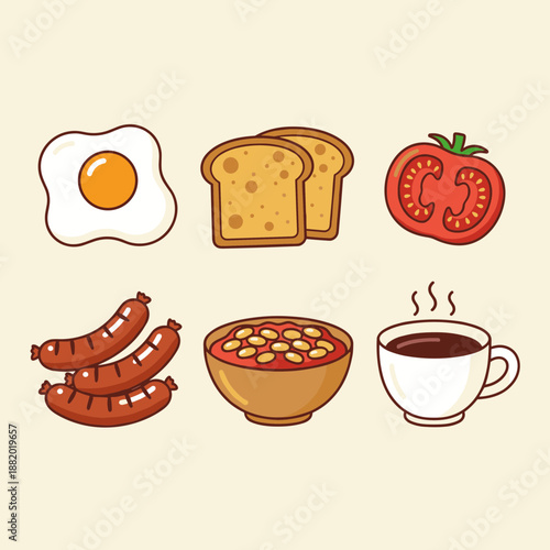 Traditional English breakfast ingredients set including fried egg toast tomato sausages baked beans and a cup of hot black coffee or tea