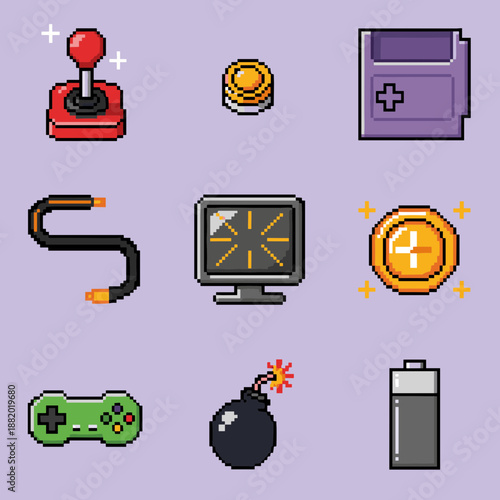 Retro 8 pixel art gaming icons set featuring joystick coin cartridge cable computer monitor gamepad bomb battery and gold reward symbols
