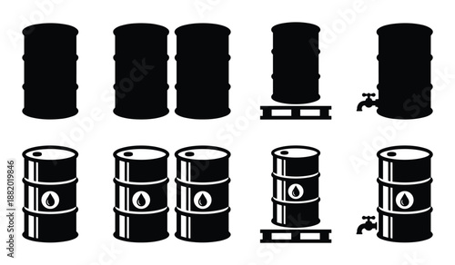 Black oil barrel icons with a tap and pallet. Vector graphic for industry, storage, and transport.