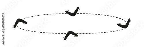 Boomerang Throwing Rotating Turning in Circle Around Flight Path With Dotted Line Trajectory Aboriginal Australia Weapon Symbol Isolated Vector