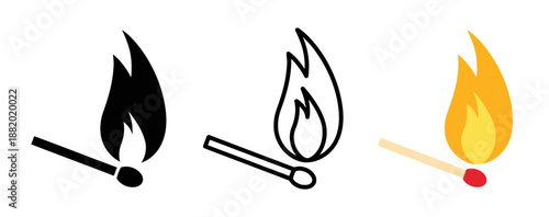 Burning Match With Flame in Black Outline and Color on White Background is Lighted Fire for Ignition to Start Cooking or Smoking in Vector