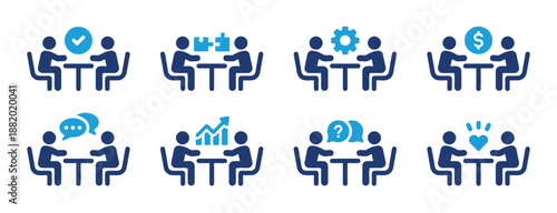 Business meeting vector icon concept of teamwork at table with team partners cooperation and collaboration solution successful deal project development strategy