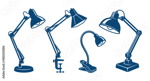Blue adjustable desk lamps with base, clamp, clip, and square mount. Lamps for desks, tables and other surfaces.