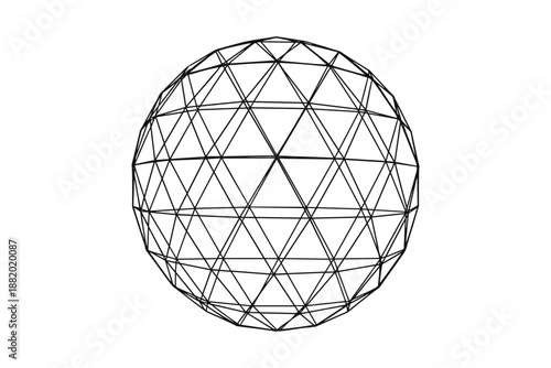 Black wireframe sphere with geometric triangular polygons on a simple white background illustration.