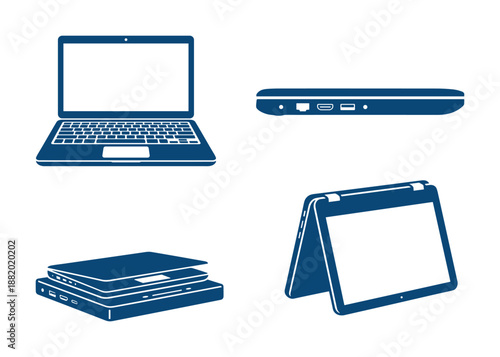 Blue laptop and tablet computer devices icon set in different positions, electronic gadgets