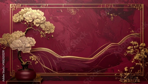 lunar decoration, blank template with maroon background and gold colored elements
