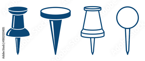 Blue push pins collection, diverse designs. Ideal for office, school, and design projects.