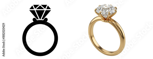 heavy bold shapes, silhouette style  engagement ring icon and Ultra-realistic 3D render engagement ring icon 