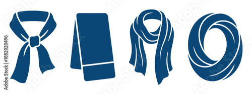 Blue scarf set includes neckerchief, shawl, loop and tied scarf, vector illustration design on white.