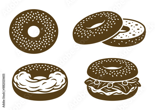 Brown bagel vector set, with sesame seeds, cream cheese and sandwich bagel, food flat design illustration.