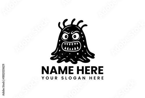 Black and white logo design featuring a cartoon monster with a slogan on a clean background.